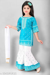 Printed rayon ethnic kurta & sharara set with dupatta, three-quarter sleeves, Indian traditional wear for kids