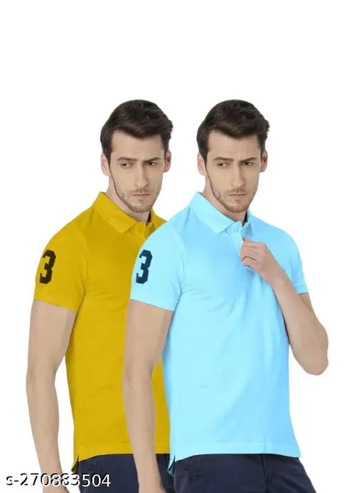 Blue cotton polo t-shirts (pack of 2), Eddicted Men's solid style for casual wear