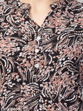 Black multi-printed rayon top set with palazzo for women, featuring three-quarter sleeves and intricate woman's dress design. Soft, lightweight, machine washable, and suitable for various occasions. Indian origin
