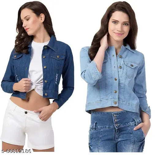 Blue denim casual jackets combo pack of 2, denim sleeve length: long, solid pattern. Two women's blue long-sleeve regular jackets from SAMAN FASHION WEAR