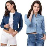 Blue denim casual jackets combo pack of 2, denim sleeve length: long, solid pattern. Two women's blue long-sleeve regular jackets from SAMAN FASHION WEAR