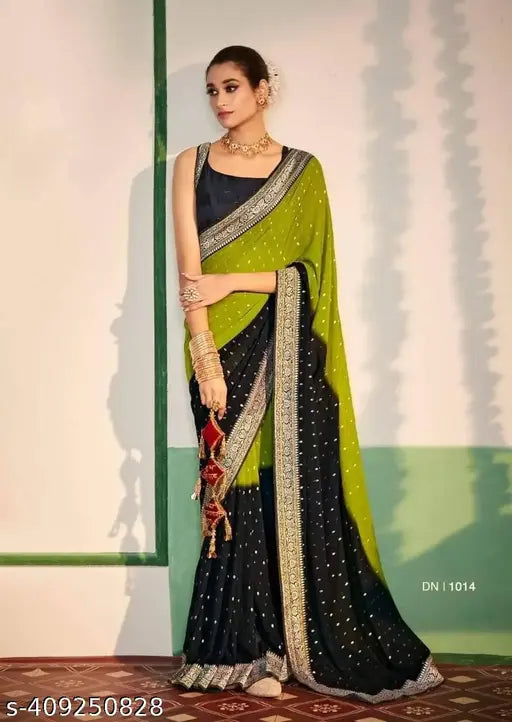 Two-tone heavy Georgette saree with foil print and woven zari border, free size, India origin
