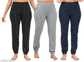 Women's printed pyjama jogger set (pack of 3) in cotton blend, versatile style for parties, office, or casual wear