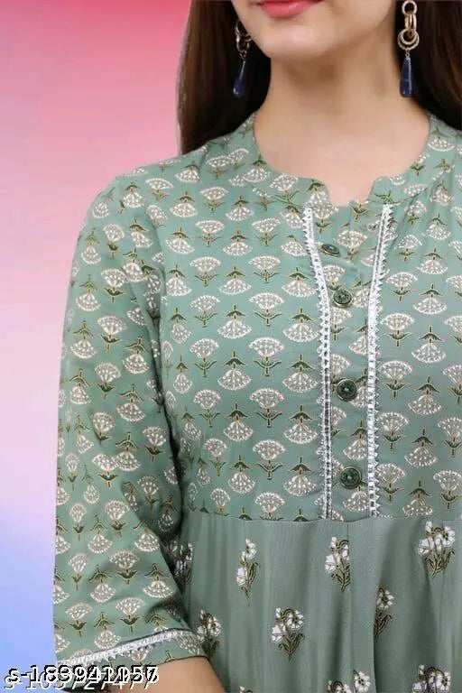 Mint Green rayon Anarkali dress with printed combo, three-quarter sleeves for women, Indian fashion