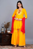 Yellow & Red rayon Women's Kurta Set with Sharara and Dupatta, exquisite embroidery, A-Line style, hand wash only, Indian origin