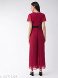 Pink Georgette V-neck jumpsuit, relaxed fit with short sleeves, Miss Chase women's solid style