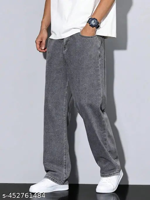 Cotton blend solid net baggy loose fit jeans, versatile style for comfortable everyday wear - Indian made