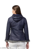 Blue nylon women's winter jacket with long sleeves, solid design for cold weather, size S (bust 38in, length 25in)