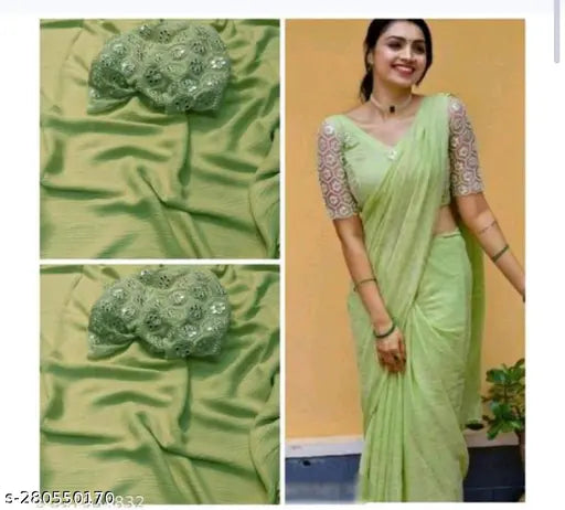 Shimmer georgette saree, single free size Indian solid pattern embellished net saree with separate blouse in georgette fabric