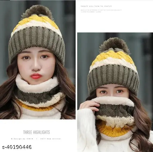 Green twist knitted cap set with scarf & muffler (Alexvyan). Luxurious woolen beanie, snow-proof, fur-lined for women. Comfortable, chunky-knit design. Perfect winter accessory