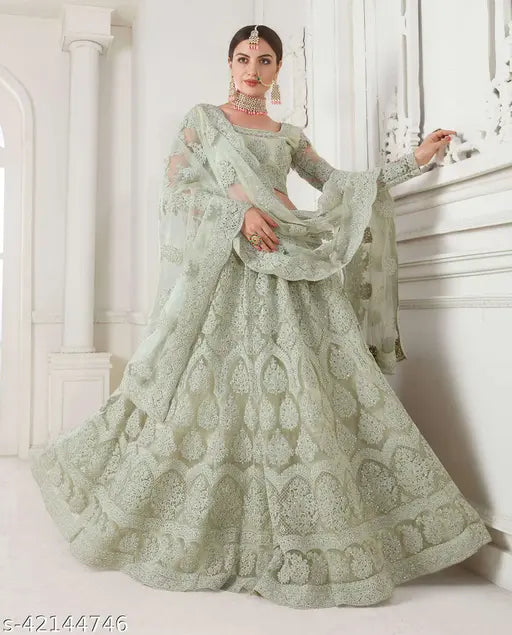Embroidered Pista Lehenga-Choli set in net fabric from India, featuring kali work embroidery on top and dupatta