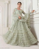 Embroidered Pista Lehenga-Choli set in net fabric from India, featuring kali work embroidery on top and dupatta