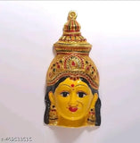 Yellow aluminum Saraswati MATA Face Decorative (6 inch) with golden crown finish - Indian artistry showcased