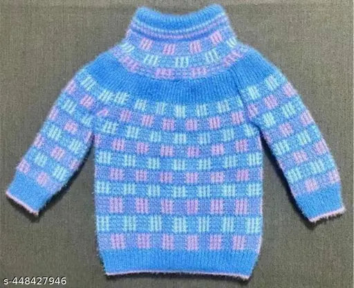 Soft cotton-blend blue & pink checkered sweater set with wool bottoms, ideal for babies aged 0-9 months. Handmade Indian baby knitwear perfect for casual wear and special occasions