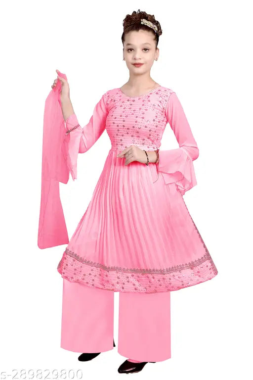 Premium embellished pink Georgette Kurta Palazzo & Dupatta set for girls(Pack of 3), party and wedding wear for kids. Ethnic dresses, Anarkali style with three-quarter sleeves. Indian brand, suitable for various occasions like Diwali, Navratri, Eid, Christmas. Available in different colors