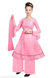 Premium embellished pink Georgette Kurta Palazzo & Dupatta set for girls(Pack of 3), party and wedding wear for kids. Ethnic dresses, Anarkali style with three-quarter sleeves. Indian brand, suitable for various occasions like Diwali, Navratri, Eid, Christmas. Available in different colors