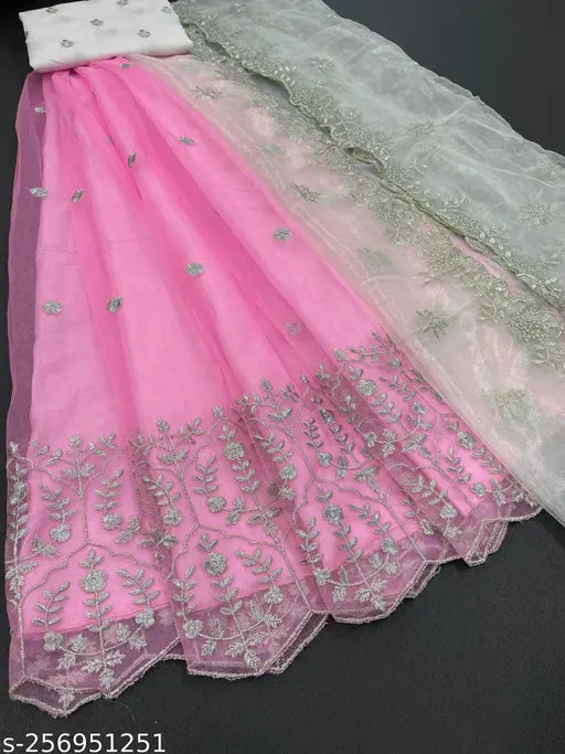Net fabric, semi-stitch embroidery work Lehenga with embroidered duppata and blouse in heavy dupion silk and net fabrics, featuring floral embroidery and multi-thread work. New fancy designs, Indian origin