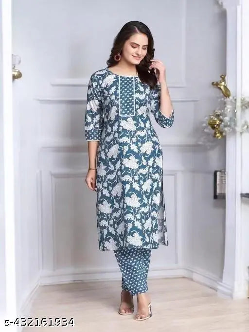 Printed three-quarter sleeve kurta set with palazzos, Indian clothing for women in sizes S to XXL on display