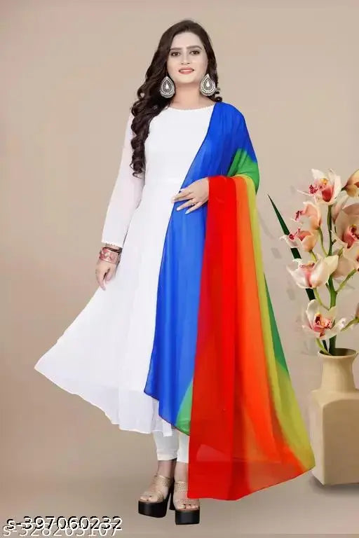 Georgette Aagyeyi women's kurta set, three-quarter sleeves with dupatta and palazzo pants. Solid-patterned Indian fashion on display." (125 characters)