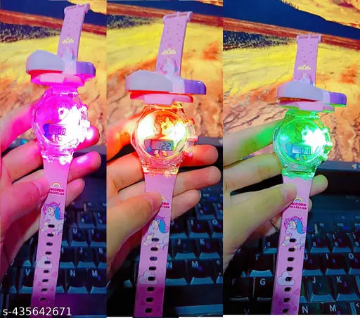 Pink silicone watch with unicorn 3D design, multi-light glowing for kids' wear, Afghan-made
