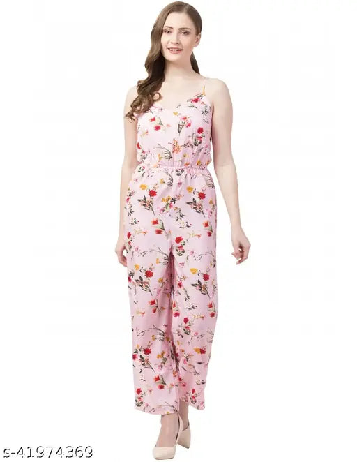 Pink floral printed poly crepe jumpsuit, sleeveless western style made in India (size L - bust 40in, length 48in, waist 36in)