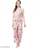Pink floral printed poly crepe jumpsuit, sleeveless western style made in India (size L - bust 40in, length 48in, waist 36in)