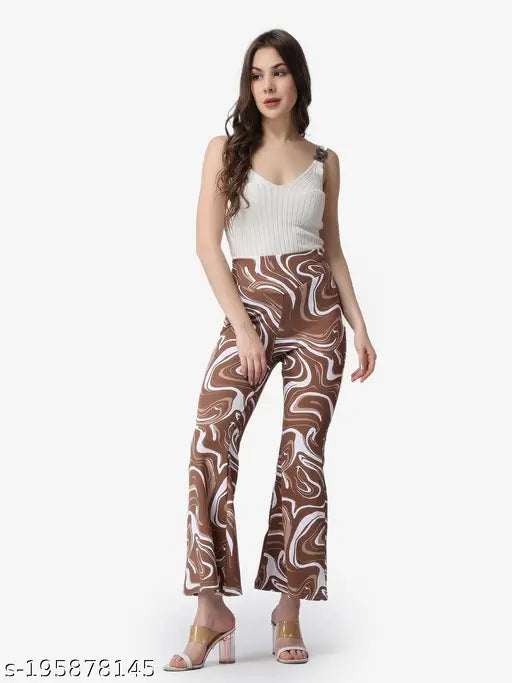 Brown poly blend printed flat-front trousers by POPWINGS, versatile for various occasions, perfect for mixing prints or pairing with a plain top, Indian origin