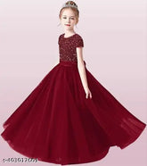 Embellished net party dress for girls, short sleeve embroidered work long gown, velvet and net fabric, dry clean, size 5-6 years