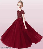Embellished net party dress for girls, short sleeve embroidered work long gown, velvet and net fabric, dry clean, size 5-6 years