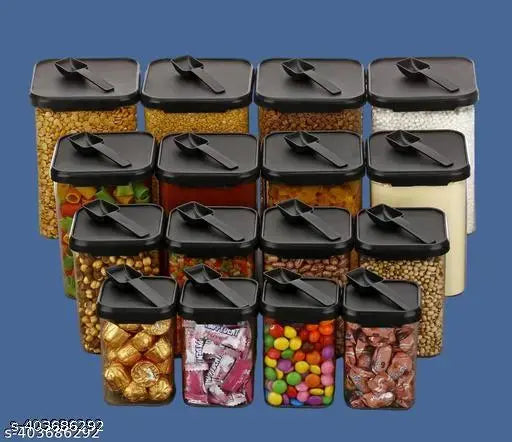 Plastic airtight storage containers and jars, various sizes (1400ml, 900ml, 650ml, 350ml), ideal for kitchen organization, pack of 16, dimensions: 10cm x 12cm x 10cm, made in India