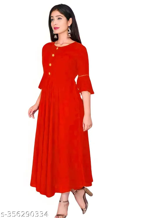 Red rayon Anarkali kurti with gown flare, stylish and fashionable ethnic wear for women
