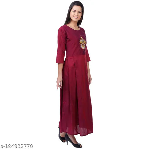 Maroon silk maxi gown with three-quarter sleeves, perfect for evening wear from Indian origin