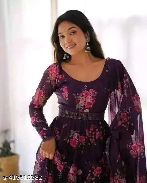 Trendy modern georgette gowns with three-quarter sleeves, printed net pattern, available in sizes XS-XXXXL. Indian-made fashion for women's formal wear