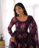Trendy modern georgette gowns with three-quarter sleeves, printed net pattern, available in sizes XS-XXXXL. Indian-made fashion for women's formal wear