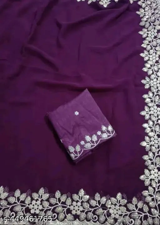 Purple georgette saree with embroidered cutwork broder work, perfect for traditional Indian wear