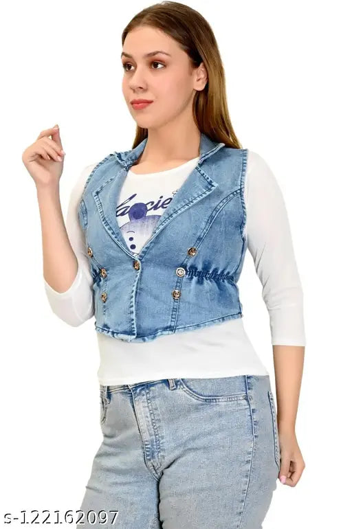 Gracestylish sleeveless denim girls' jacket, solid print design - pink and red, India-made for 11-12 years