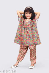 Cotton girl kaftan top and pant set, stylish ethnic wear for girls with self-design pattern. Made from soft cotton, perfect for parties or casual occasions. Available in sizes 12-9 years. Indian origin