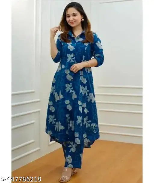 Rayon women's casual kurta palazzo set with pockets, printed net coord set for girls, three-quarter sleeves, Indian origin