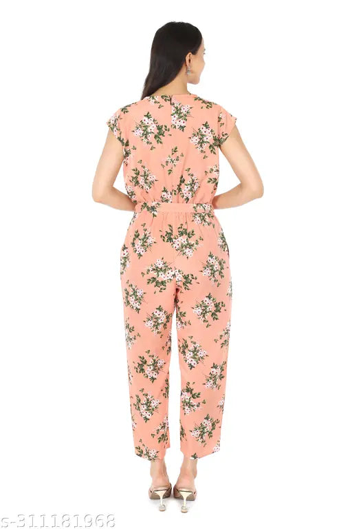 Peach crepe jumpsuit, Pearl N Vera for women and girls, printed net pattern on display