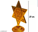 Gold-finish brass Tamil Om Saravana Bava Murugan stand, featuring divine symbols for positive energy and spiritual wellbeing