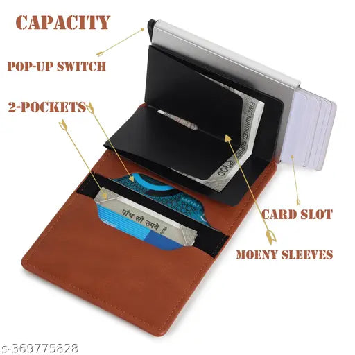 Brown PU Aluminum RFID Protected 8 Card Holder. Sleek design with pop-up function, RFID theft protection, and smart features for easy access. Made in India