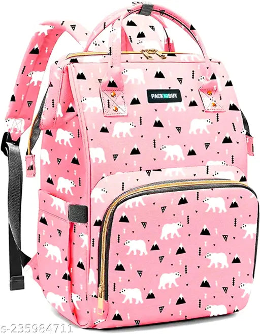 Pink polyester diaper backpack, water-resistant with unicorn print, multiple compartments for maternity essentials