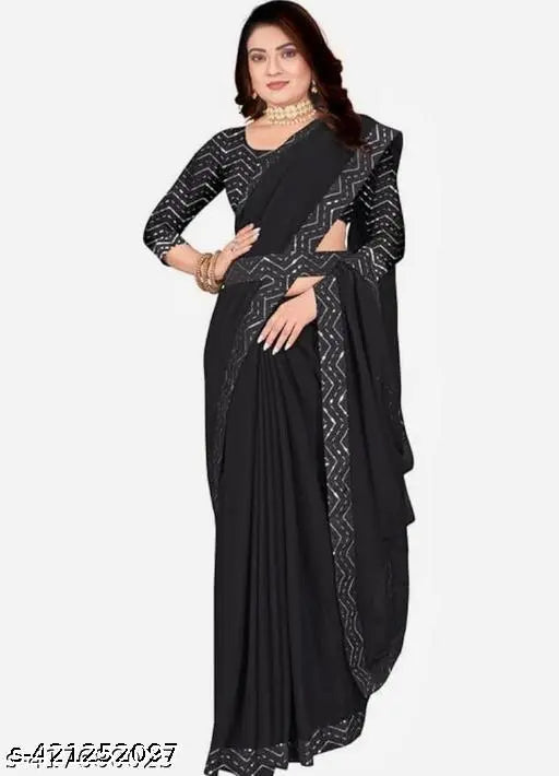 Black Georgette Bollywood Sequence Saree with Diamond Work Lace, embellished in unstitched blouse