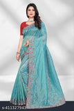 Embellished super net saree with separate art silk blouse, free size, India-origin