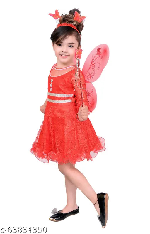 Red RK Collection Kids Party Dress with Butterfly Wings, Net Material, 3-8 Years