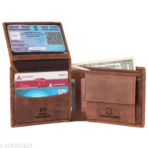Brown, high-quality genuine leather RFID blocking men's wallet with 5 compartments and printed pattern. Leather purse for men featuring credit card slots, cash pockets, and coin compartment