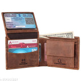 Brown, high-quality genuine leather RFID blocking men's wallet with 5 compartments and printed pattern. Leather purse for men featuring credit card slots, cash pockets, and coin compartment