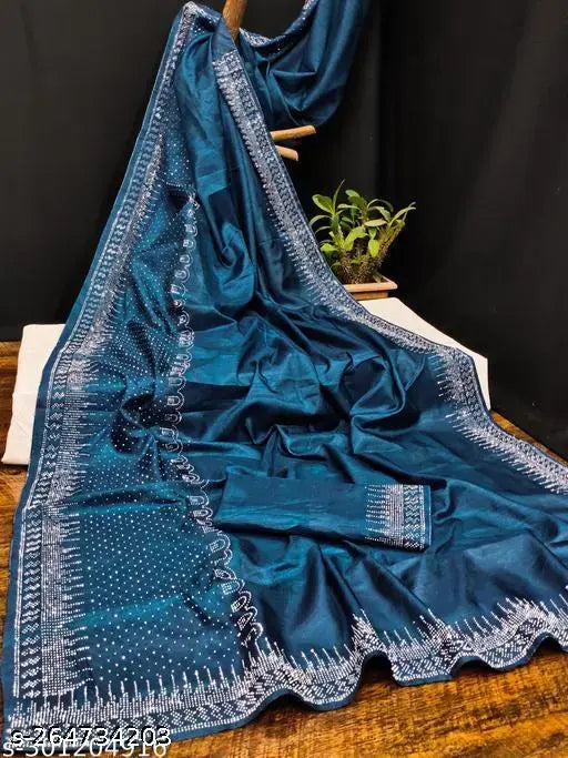 Georgette saree with Swarovski hotfix diamonds, modern embellished design in Rama color, perfect for parties and festivals