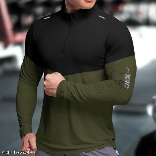 Blue and white colorblocked polyester dryfit regular fit full sleeve athletic wear t-shirt for active-casual use, made in India