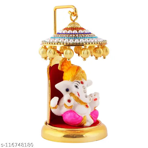 Marble & gold-plated Ganesh statue, premium decor for car dashboard, office, study, or small temple